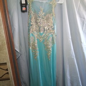 Elegant Aqua Gown with Gold Embellishments